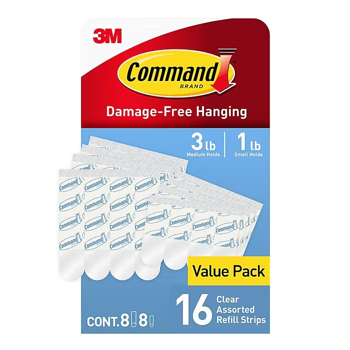 Command Assorted Hanging Strip, Transparent, 16/Pack