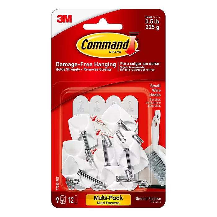 Command Small Hooks, 0.5 lb., White, 9 Command Hooks, 12 Command Strips