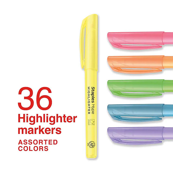 Staples Hype Stick Highlighter, Chisel Tip, Assorted, 36/Pack (ST62945)