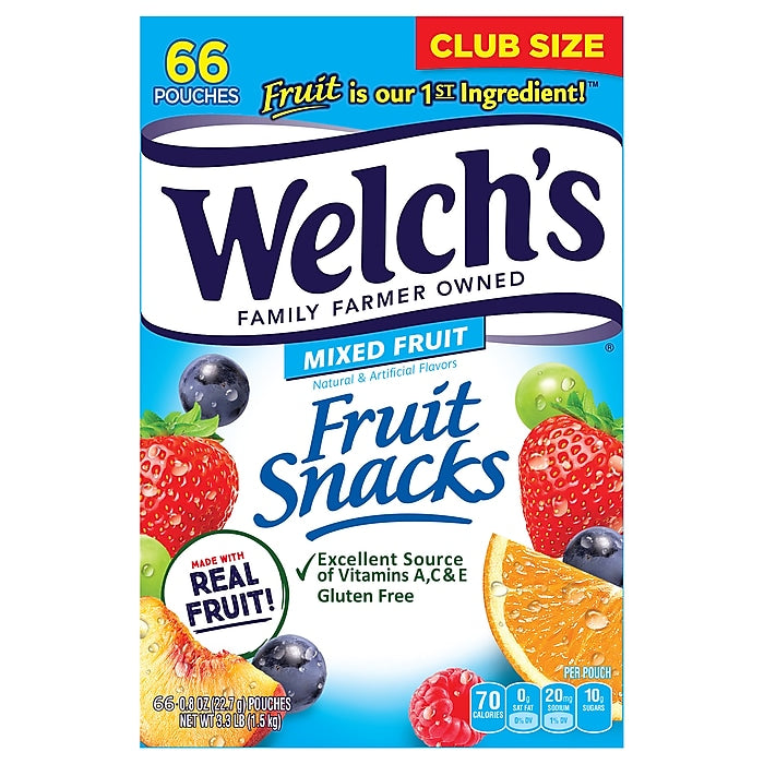 Welch's Gluten Free Mixed Fruit Snacks Gummies, 0.8 oz., 66/Box