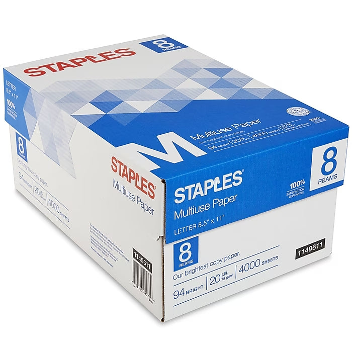 Staples Multiuse Copy Paper, 8.5" x 11", 20 lbs., 94 Brightness, 500 Sheets/Ream, 8 Reams/Carton