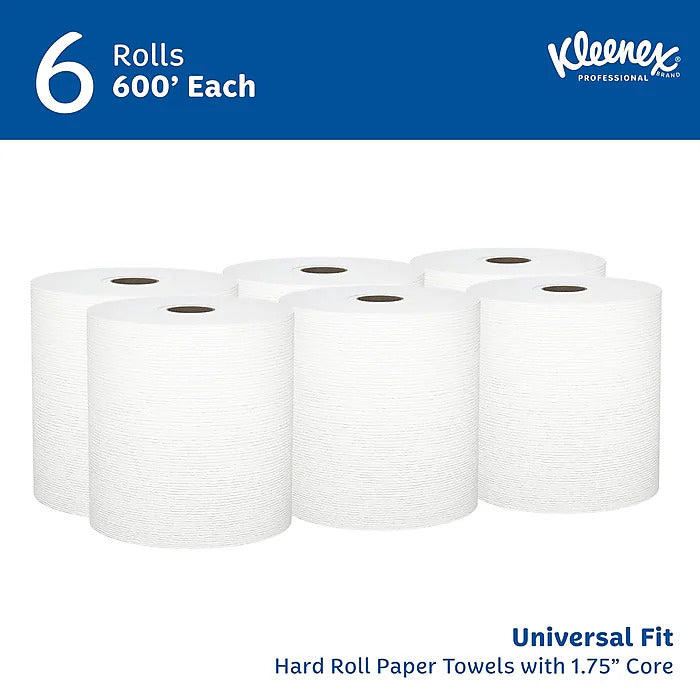 Kleenex Essential Plus+ Recycled Hardwound Paper Towels, 1-ply, 600 ft./Roll, 6 Rolls/Carton (50606)
