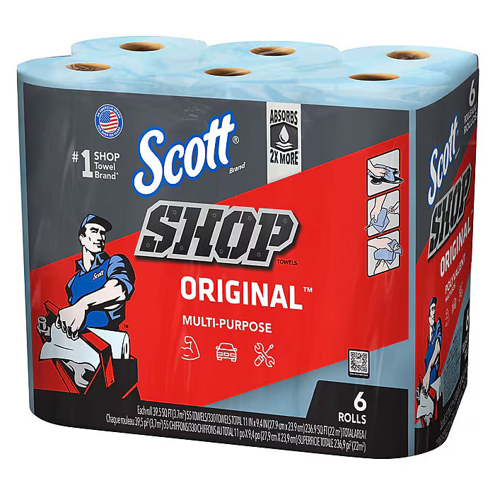 Scott Shop Towels Original, 9.4" x 11", Blue, 55 Sheets/Roll, 6 Rolls/Pack