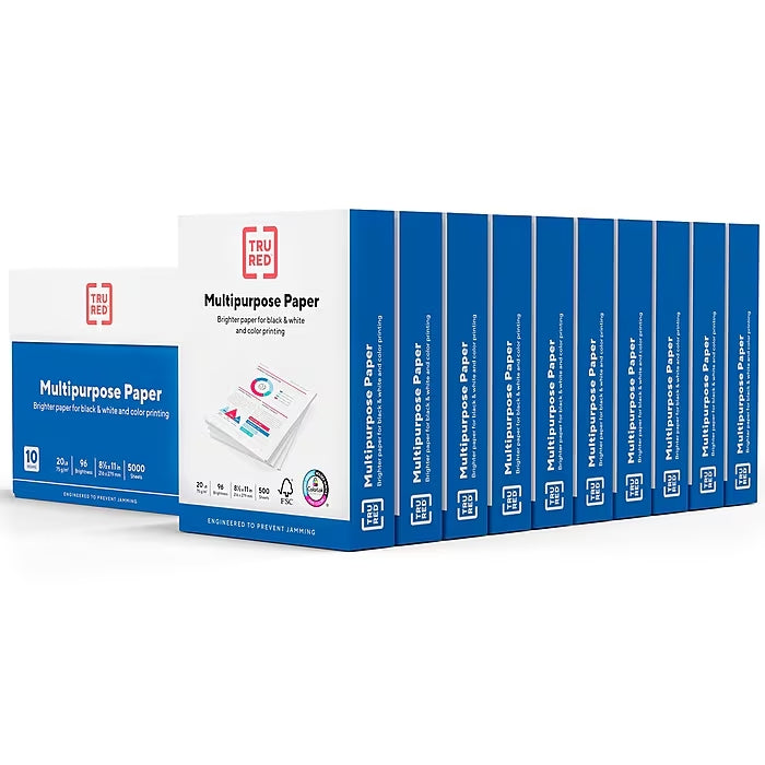 TRU RED™ 8.5" x 11" Multipurpose Paper, 20 lbs., 96 Brightness, 500 Sheets/Ream, 10 Reams/Carton