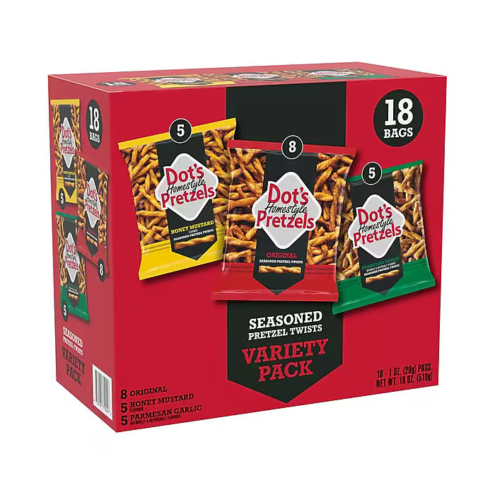 Dots Homestyle Variety Pack Seasoned Pretzel Twists, 18 oz., 18 Bags/Box