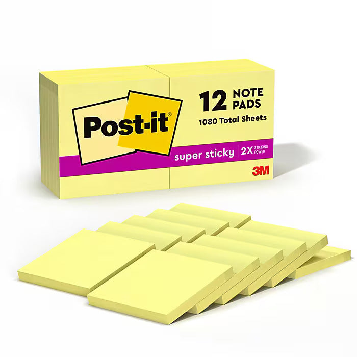 Post-it Super Sticky Notes, 3" x 3", Canary Collection, 90 Sheet/Pad, 12 Pads/Pack