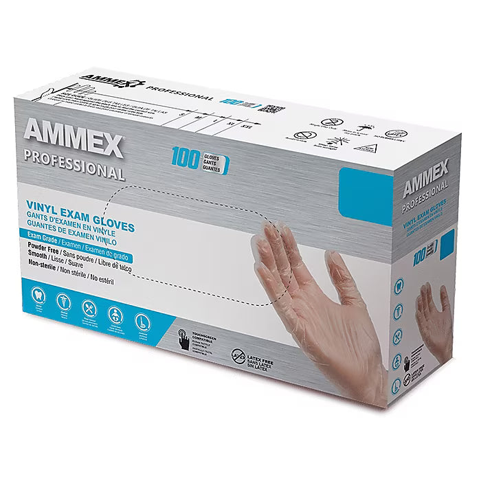 Ammex Professional VPF Powder Free Vinyl Exam Gloves, Latex-Free, Clear, Medium, 100/Box