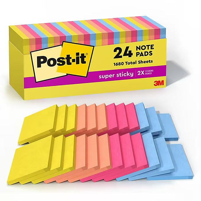 Post-it Super Sticky Notes, 3" x 3", Summer Joy Collection, 70 Sheets/Pad, 24 Pads/Pack