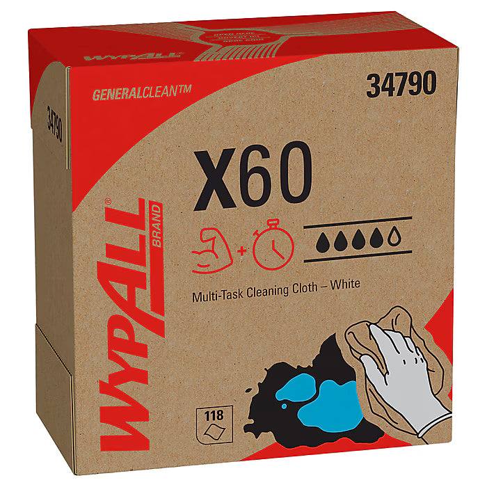 WypAll GeneralClean X60 Fabric Cleaning Wipers, 16.8" x 9.1", White, 118 Wipers/Box
