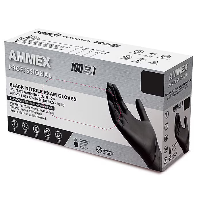 Ammex Professional Series Powder Free Nitrile Exam Gloves, Latex Free, Black, 100/Box