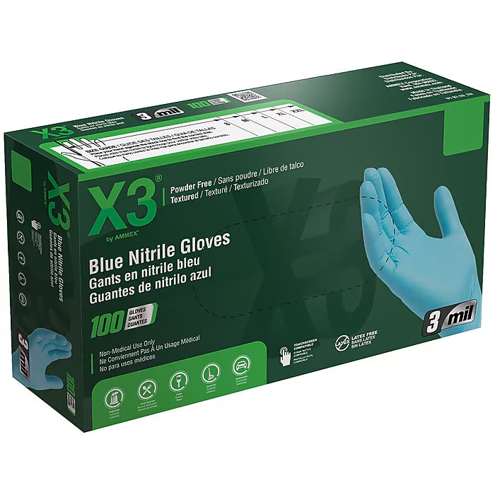 Ammex X3 Nitrile Gloves, Blue, 100/Box