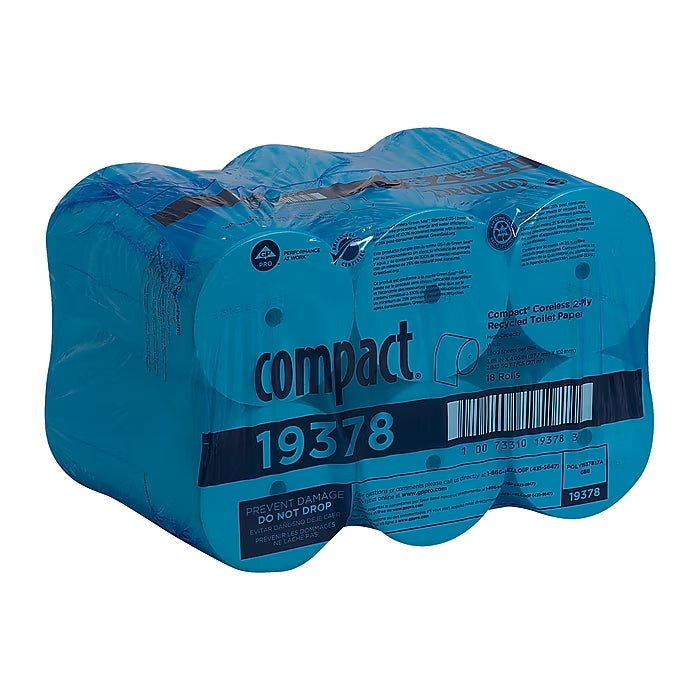 Compact Recycled Coreless Toilet Paper, 2-Ply, White, 1500 Sheets/Roll ...