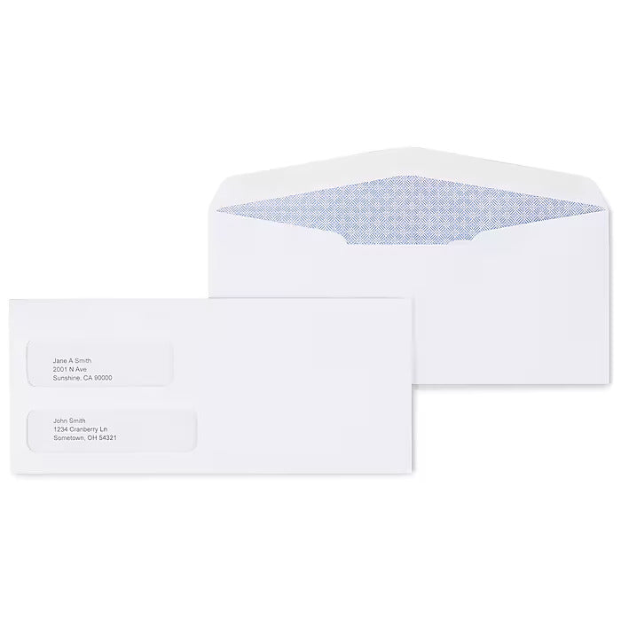 Staples Security Tinted #10 Double Window Envelopes, 4 1/8" x 9 1/2", White, 500/Box