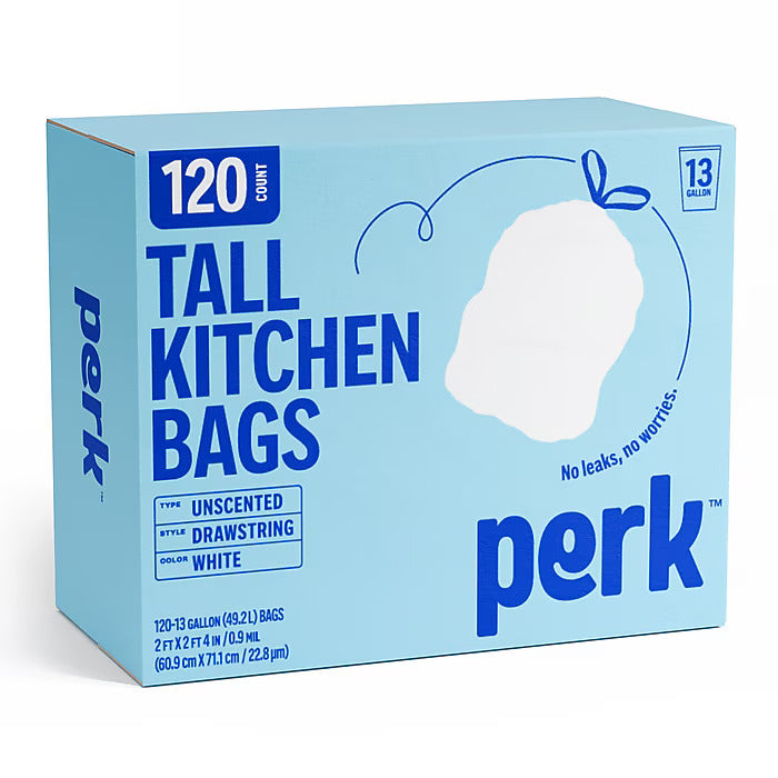 Perk™ 13 Gallon Kitchen Trash Bag, 28" x 24", Low Density, 0.9 mil, White, 120 Bags/Box