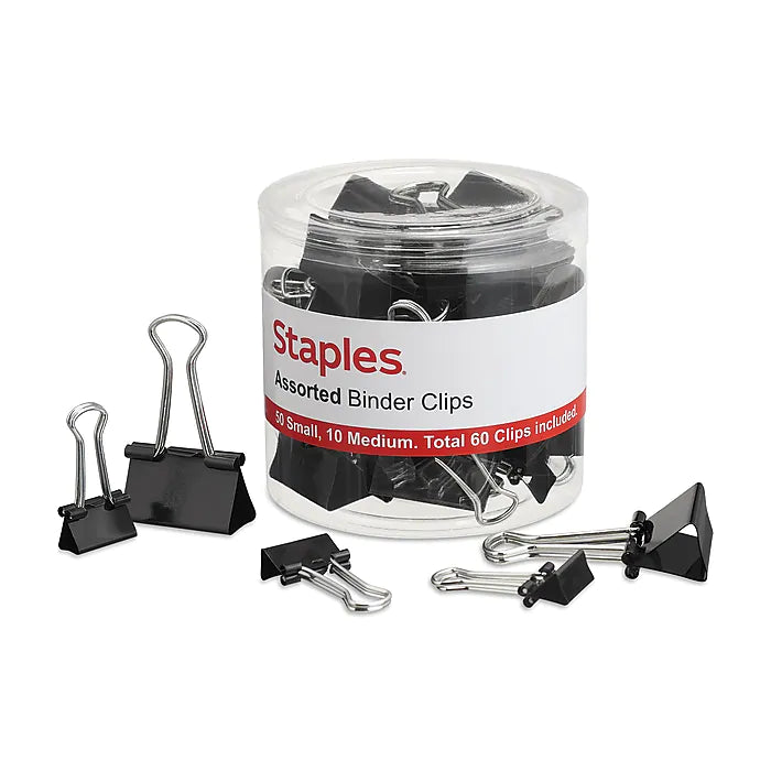 Staples Assorted Binder Clips, 1" Capacity, Black, 60 Clips/Pack