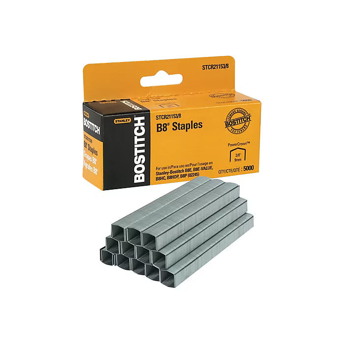 Bostitch B8 PowerCrown Chisel Tip Staples, 0.38" Leg Length, 5000/Box