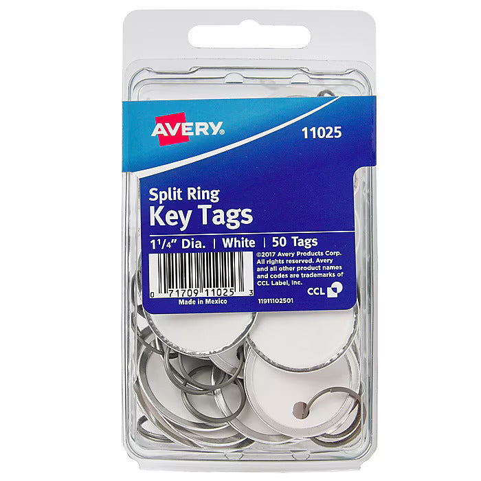 Avery Split Ring Metal Rim Paper Key Tags, 1-1/4" Diameter, White, 50/Pack