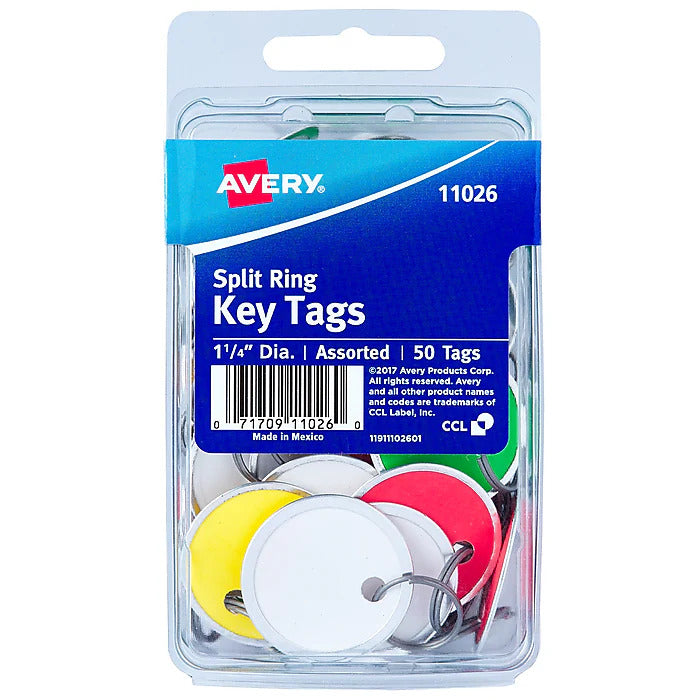 Avery Split Ring Metal Rim Paper Key Tags, 1-1/4" Diameter, Assorted Colors, 50 Tags