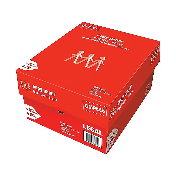 Staples Copy Paper, 8.5" x 14", 20 lbs., White, 500 Sheets/Ream, 10 Reams/Carton