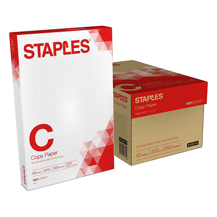 Staples Copy Paper, 11" x 17", 20 lbs., White, 500 Sheets/Ream, 5 Reams/Carton
