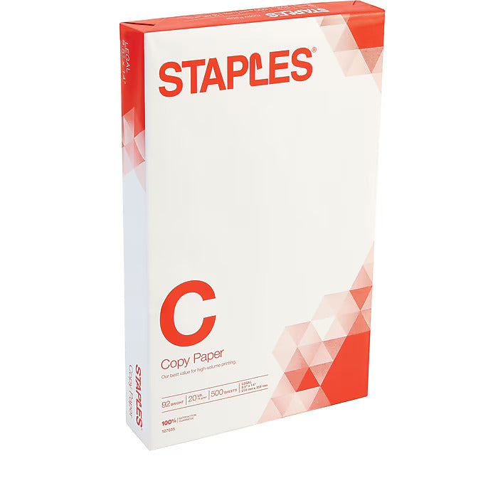 Staples Copy Paper, 8.5" x 14", 20 lbs., White, 500 Sheets/Ream