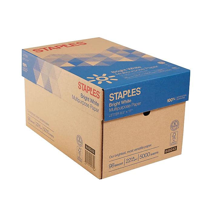 Staples Multipurpose Paper, 8.5" x 11", 22 lbs., Bright White, 500 Sheets/Ream, 10 Reams/Carton