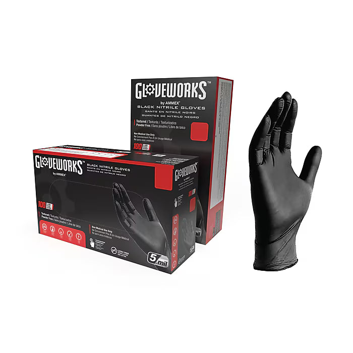 GloveWorks GPNB Nitrile Industrial Grade Gloves, XXL, Powder/Latex Free, Black, 100/Box
